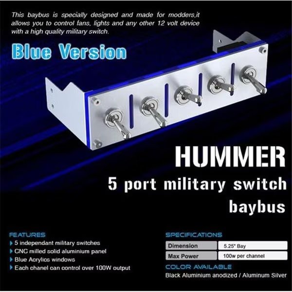 Lamptron 832-100-04 Hummer 5-Channel 12VDC Device Controller; 100W Per Channel; Silver Bezel With Blue Acrylic Insert, Lamptron, Mfr#: 832-100-04